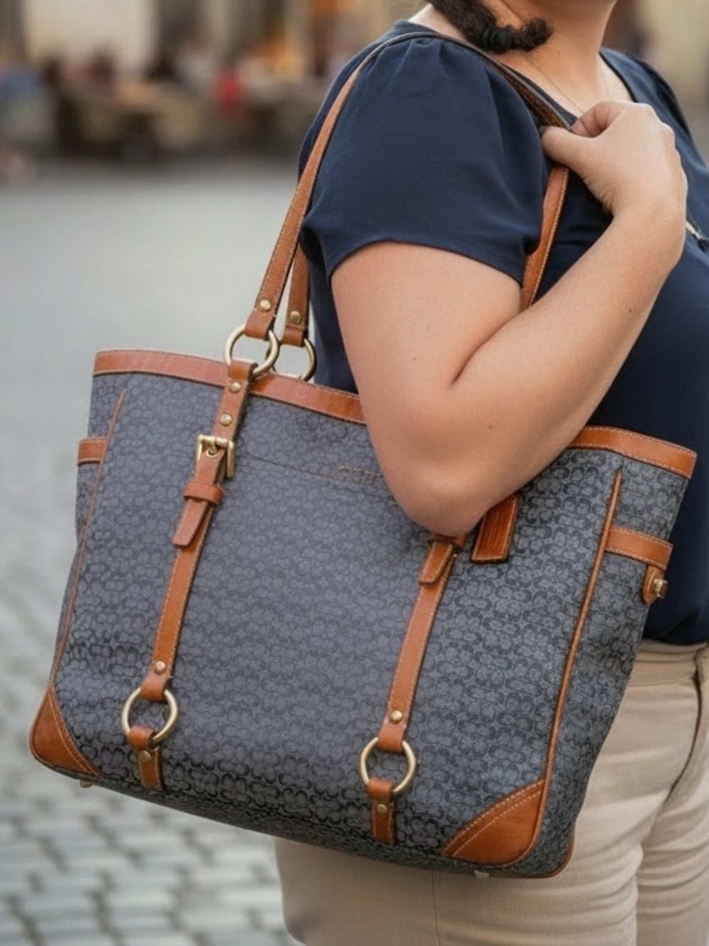 VTG Coach Gallery Tote in Signature Blue Jacquard Canvas with leather trim